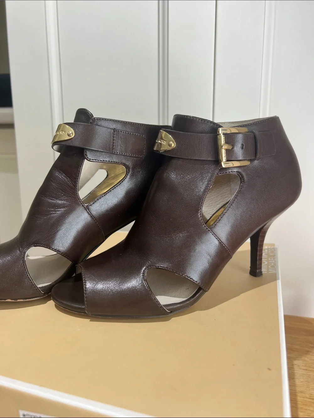 Michael Kors Dark Brown Leather Peep-Toe Cutout Heels with Gold Plaque